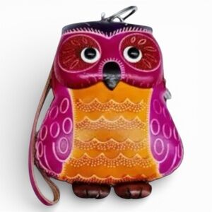 Leather Handmade Owl-Shaped Rose Red Coin Purse/Keychain NWT